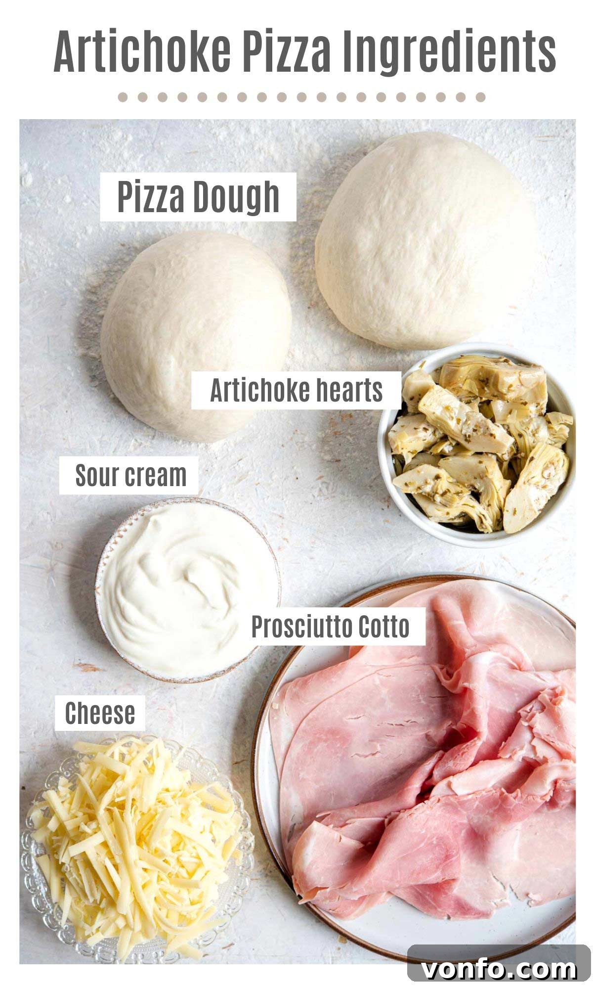 An overhead shot displaying all the fresh and essential ingredients required to prepare a delicious artichoke pizza, laid out neatly on a rustic surface.