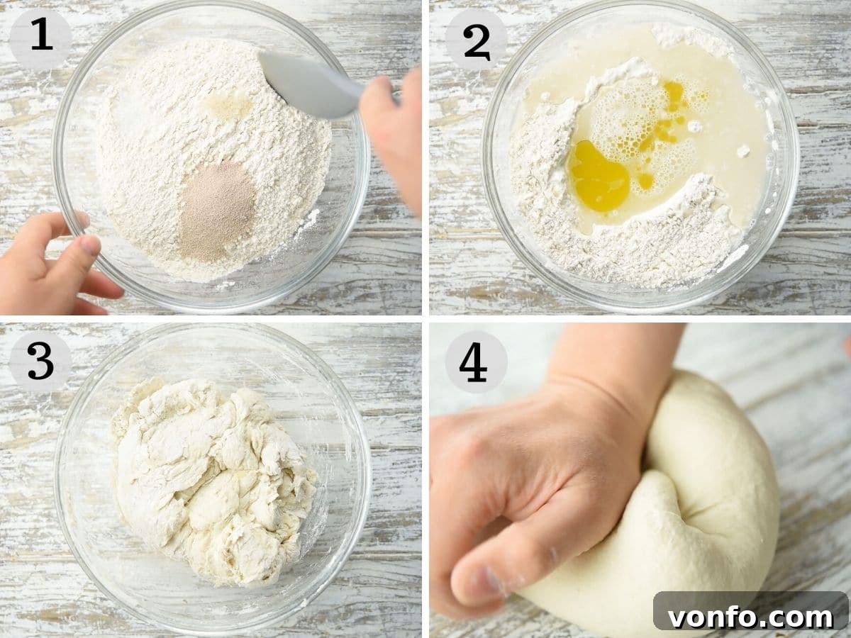 Step-by-step photos illustrating the process of making pizza dough, from combining ingredients to forming a rough dough, ideal for visual learners.