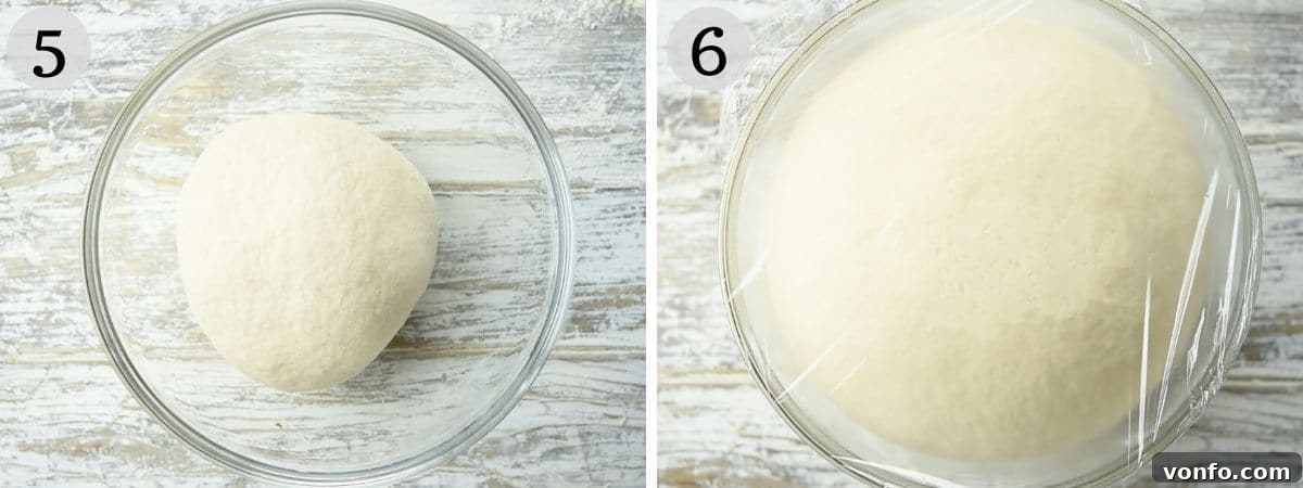 Two side-by-side photos demonstrating pizza dough before and after the proving stage, showing its significant increase in volume and airy texture.