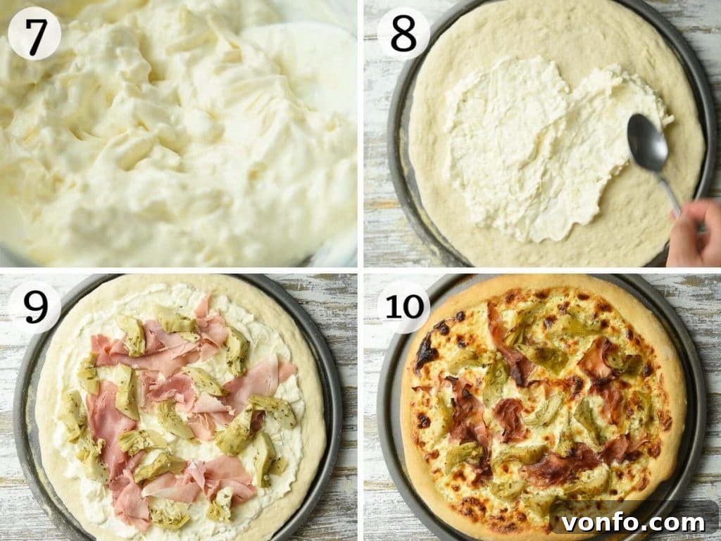 Step-by-step photos detailing how to assemble an artichoke pizza, from spreading the white sauce to artfully placing toppings, for a perfect homemade pie.