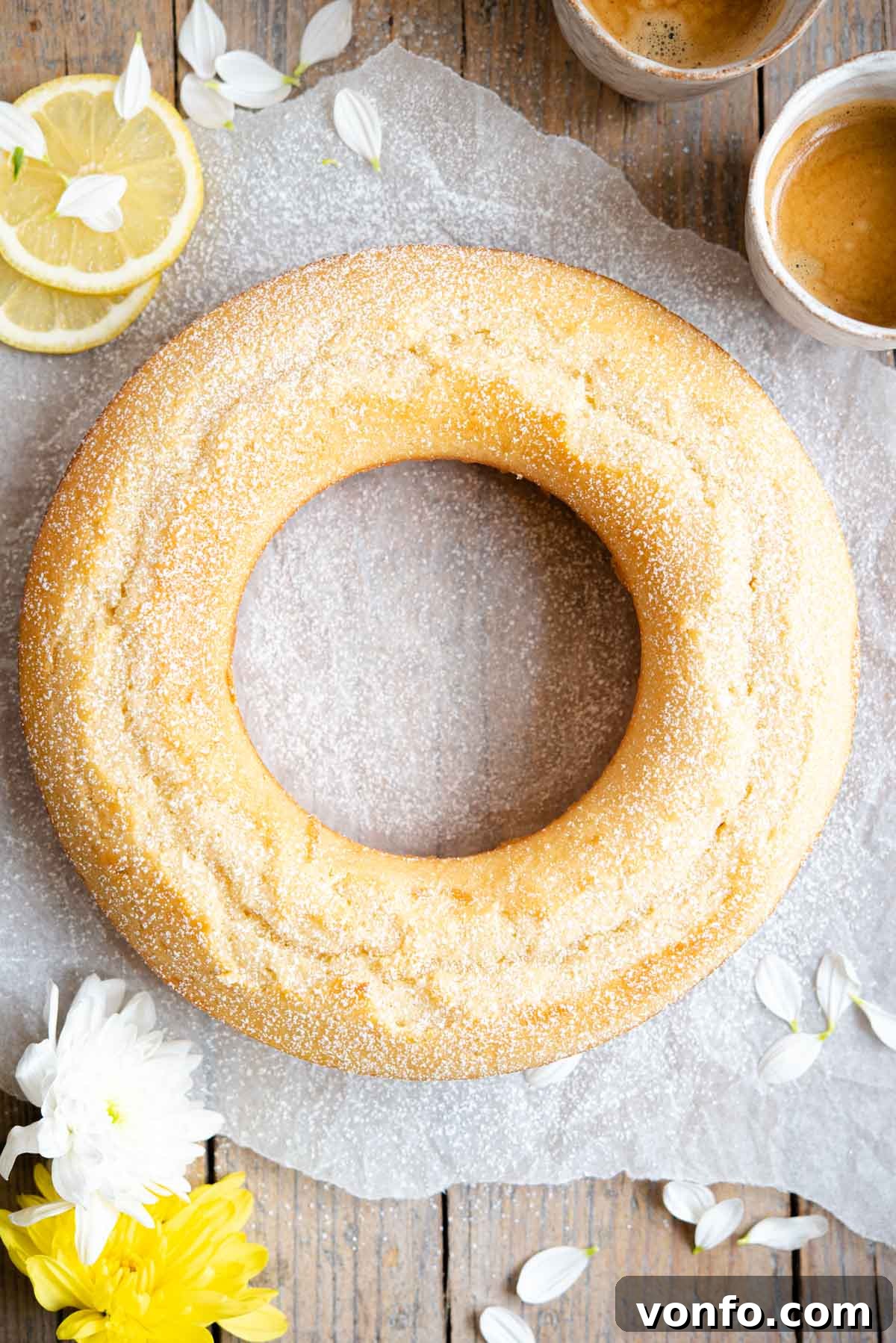 An overhead shot of a freshly baked Italian Breakfast Bundt Cake dusted with confectioner's sugar, ready to be sliced and served.