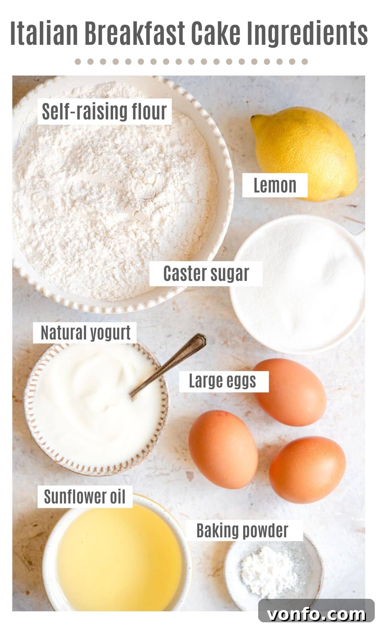 An overhead shot showcasing all the essential ingredients laid out neatly to prepare the delicious Italian Ciambella cake.