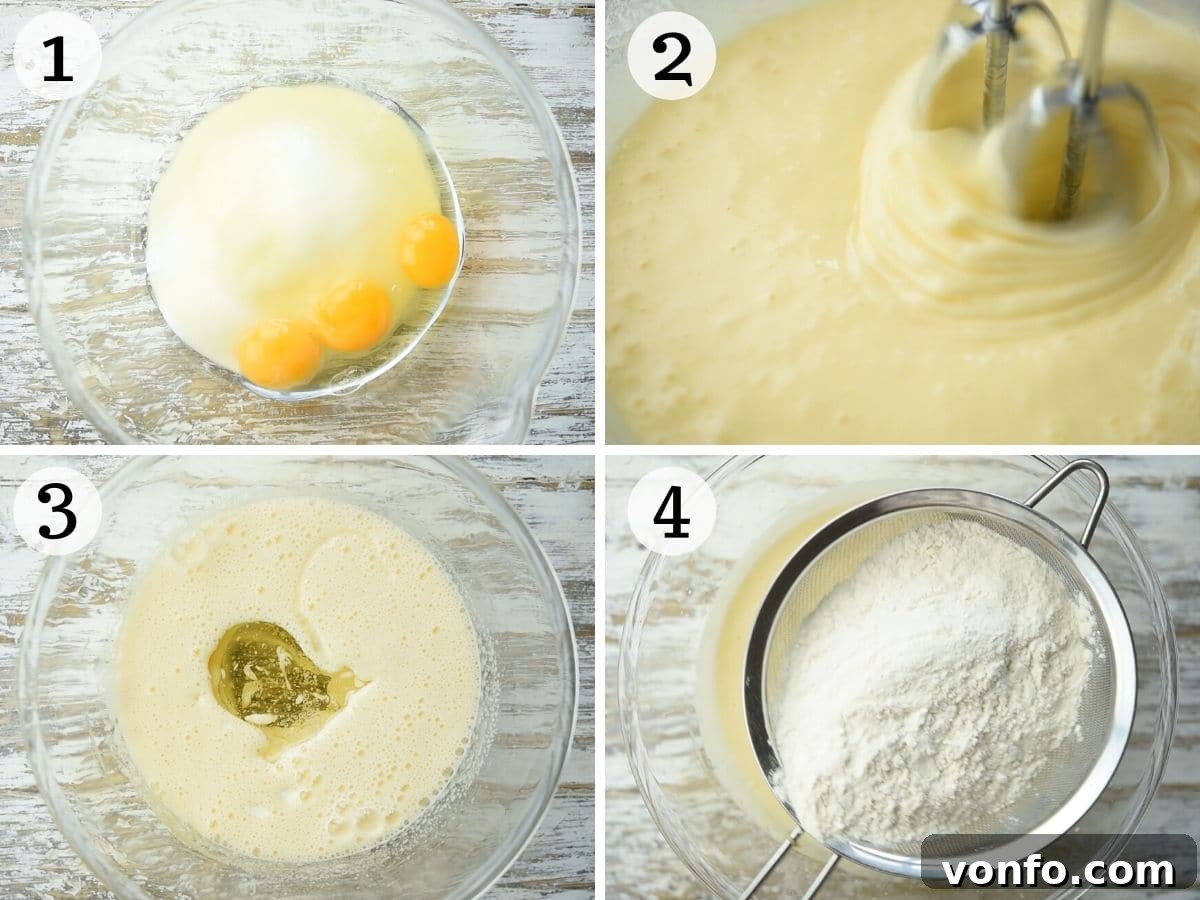 Step-by-step photos illustrating the process of preparing Italian breakfast cake, from mixing ingredients to pouring batter.