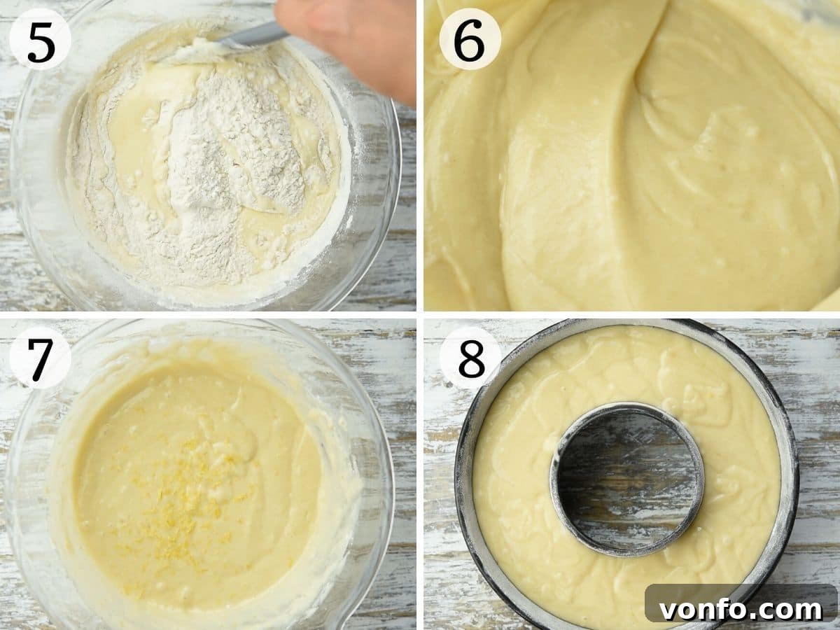 Step-by-step photos demonstrating the ideal consistency and appearance of the Italian breakfast cake batter before baking.