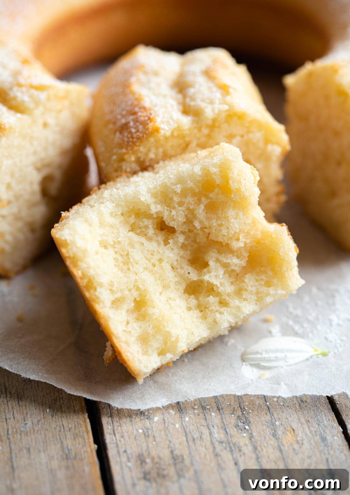 A close-up shot of a perfectly cut slice of Ciambella cake, revealing its incredibly soft, moist, and airy texture.