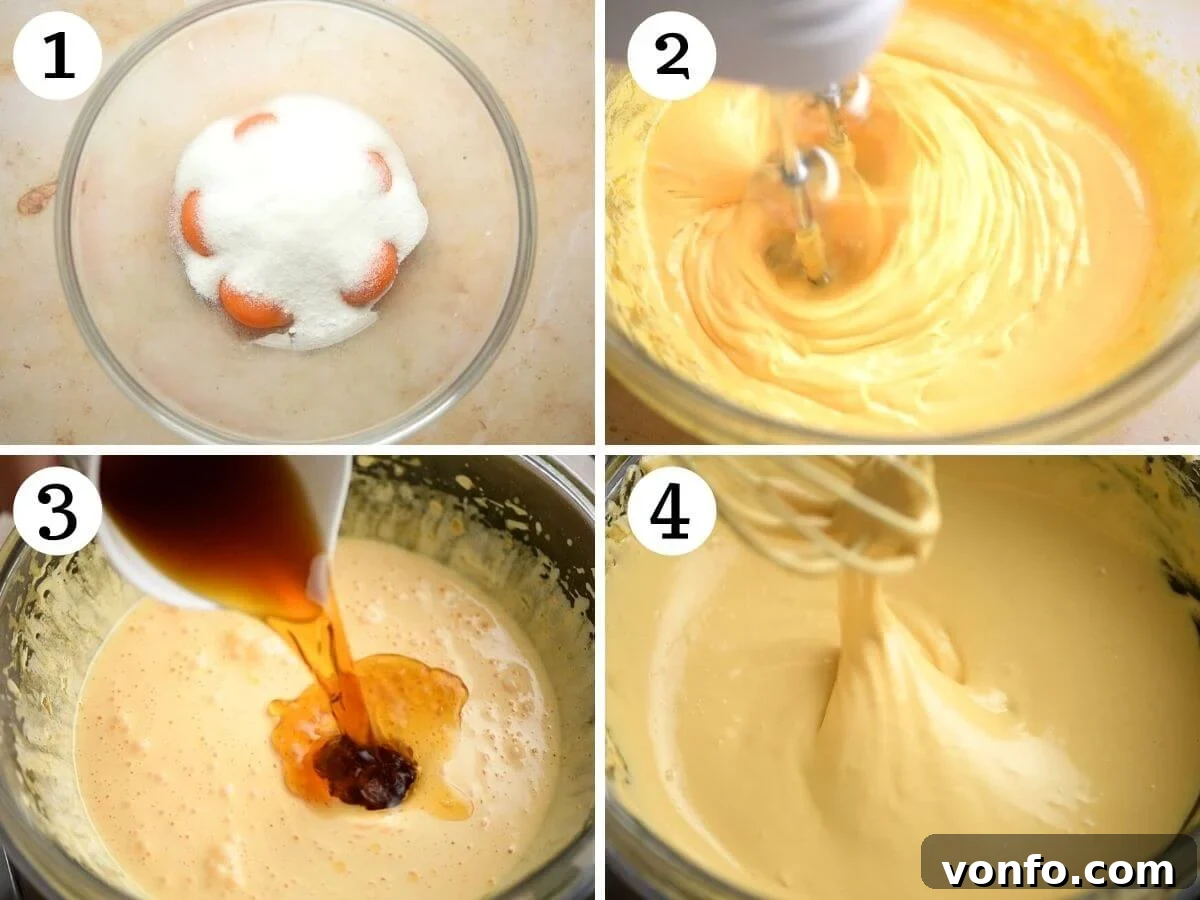 A four-photo collage demonstrating the step-by-step process of making Zabaglione from scratch, showing initial whisking, adding Marsala, and thickening over heat.