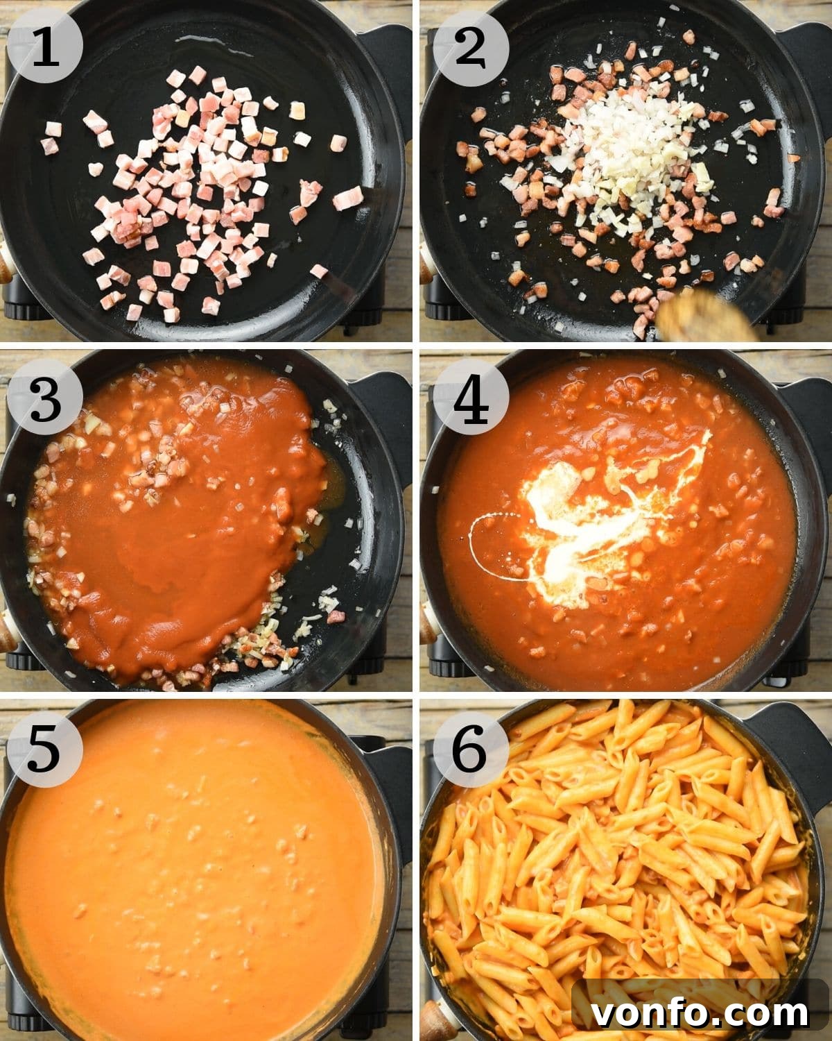 Step by step photos showing the process of making penne alla vodka, from sautéing pancetta to mixing pasta with sauce.