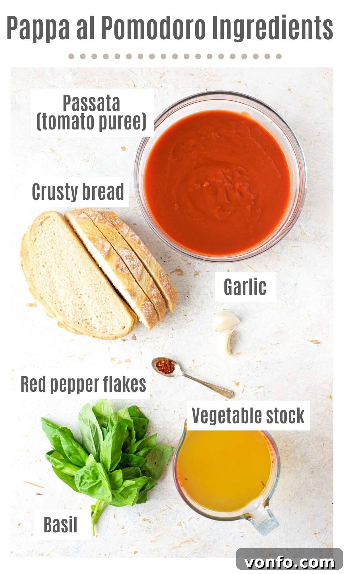 Pappa al Pomodoro Rustic Italian Tomato Bread Soup 3 An overhead shot of all the fresh and pantry ingredients meticulously laid out for making Pappa al Pomodoro, including vibrant red tomatoes, fresh green basil, garlic, crusty bread, and a bottle of olive oil.