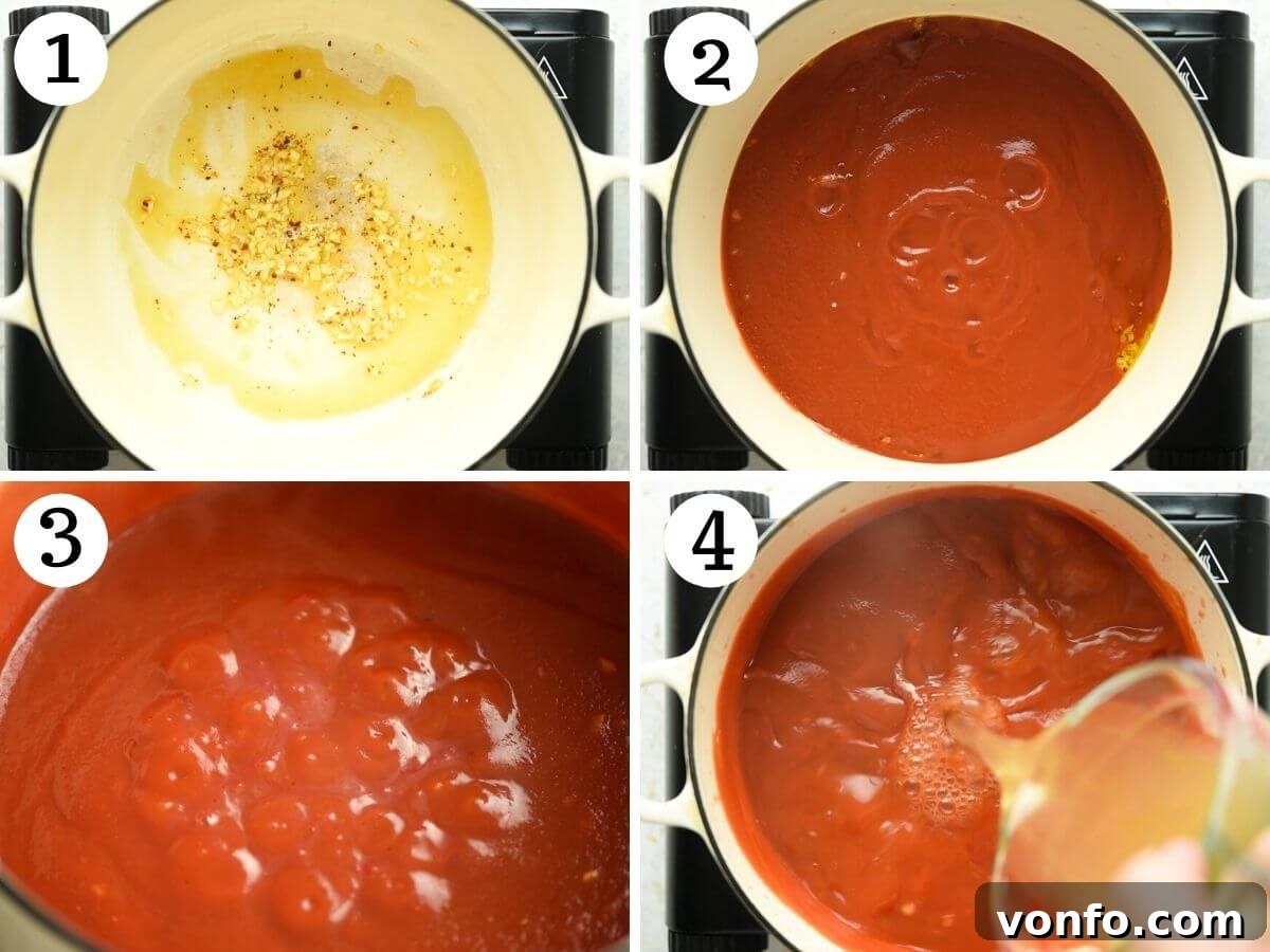 Pappa al Pomodoro Rustic Italian Tomato Bread Soup 4 Step by step photos showing how to prepare the tomato base for pappa al pomodoro soup, including sautéing garlic with chili flakes and simmering passata with vegetable stock until reduced.