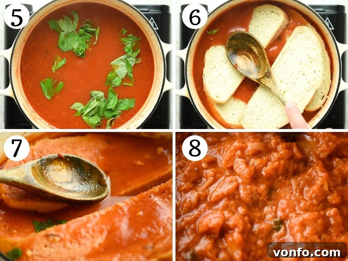 Pappa al Pomodoro Rustic Italian Tomato Bread Soup 5 Step by step photos showing how to add fresh basil and slices of stale bread to the hot pappa al pomodoro soup, then covering the pot to let it rest for an hour.