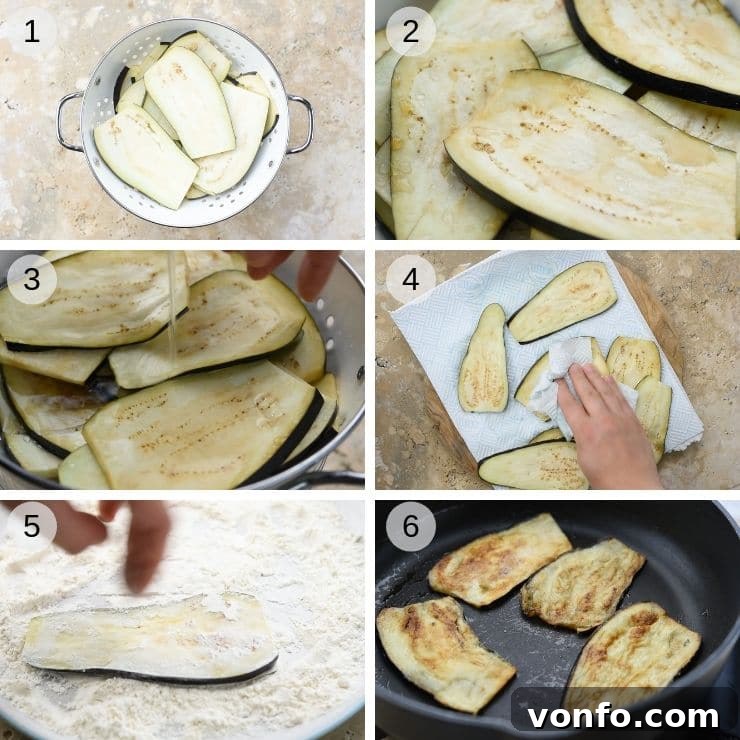 Eggplant Preparation Visual Guide Step-by-step photos demonstrating how to salt, rinse, dry, and flour eggplant slices for Eggplant Parmigiana