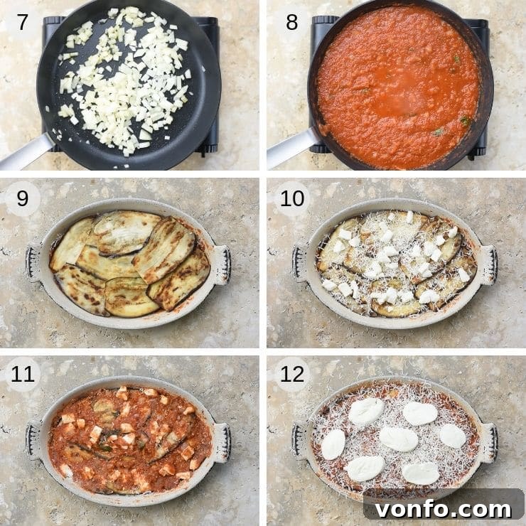 Eggplant Parmigiana Assembly Visual Guide Step-by-step photos illustrating the layering process for assembling Eggplant Parmigiana with sauce, eggplant, and cheese