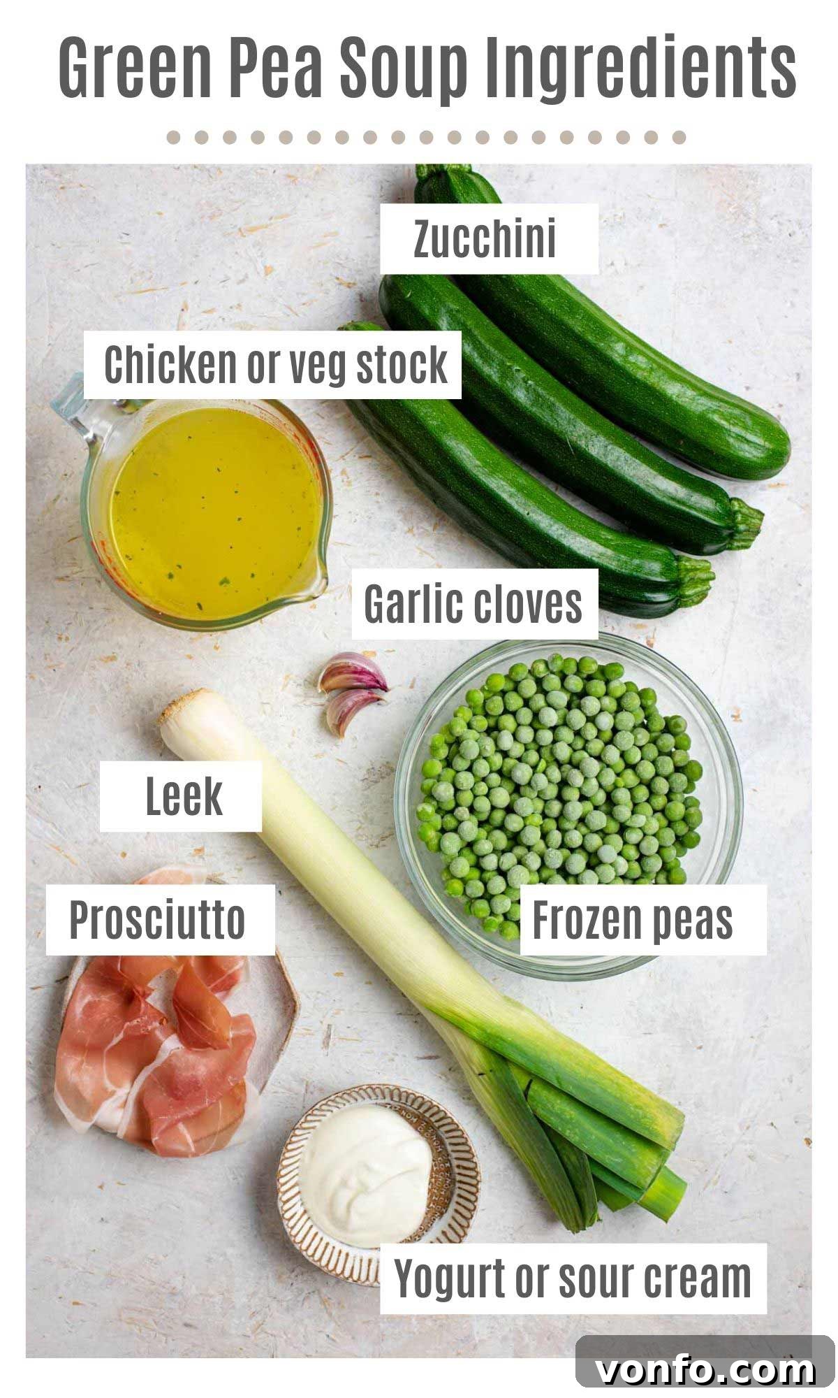 Silky Green Pea Soup with Prosciutto Crisps 3 An overhead shot of all the fresh ingredients you need to make homemade green pea soup.