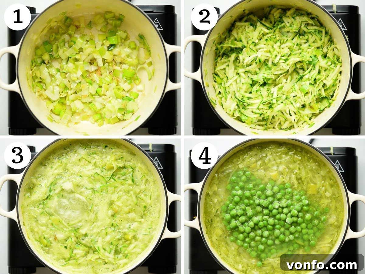 Silky Green Pea Soup with Prosciutto Crisps 4 Step-by-step photos showing the initial stages of making green pea soup, including sautéing leeks and garlic.