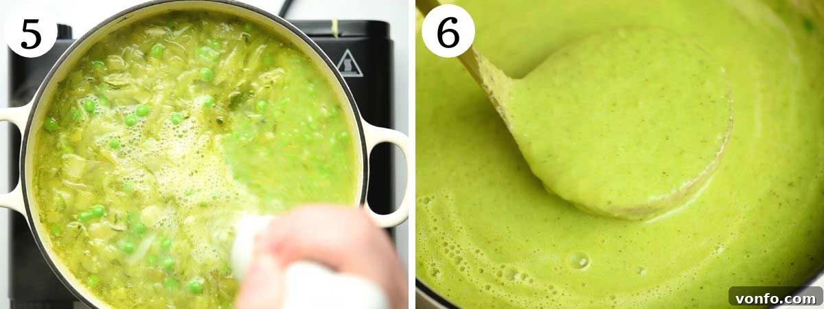 Silky Green Pea Soup with Prosciutto Crisps 5 Two photos showing the transformation of the green pea soup mixture before and after blending, highlighting its creamy texture.