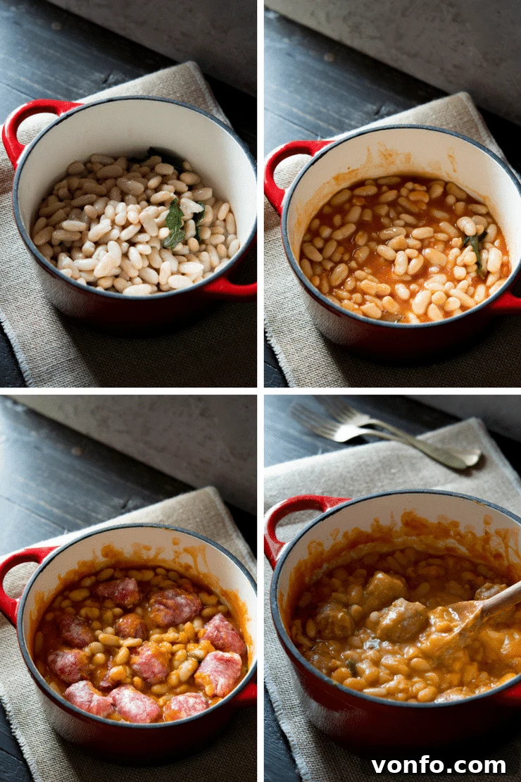 Step by step photos showing garlic and sage frying in olive oil, then adding cannellini beans and tomato passata to the pot for the Tuscan bean stew.