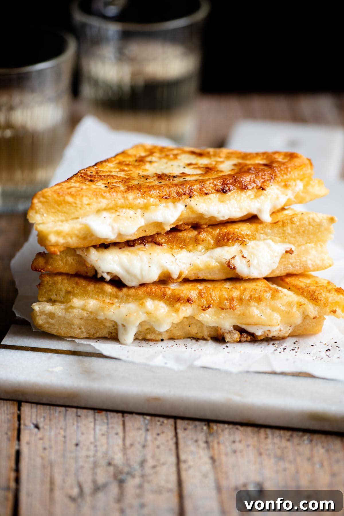 Three fried mozzarella sandwiches stacked on top of each other, showcasing their golden-brown exterior