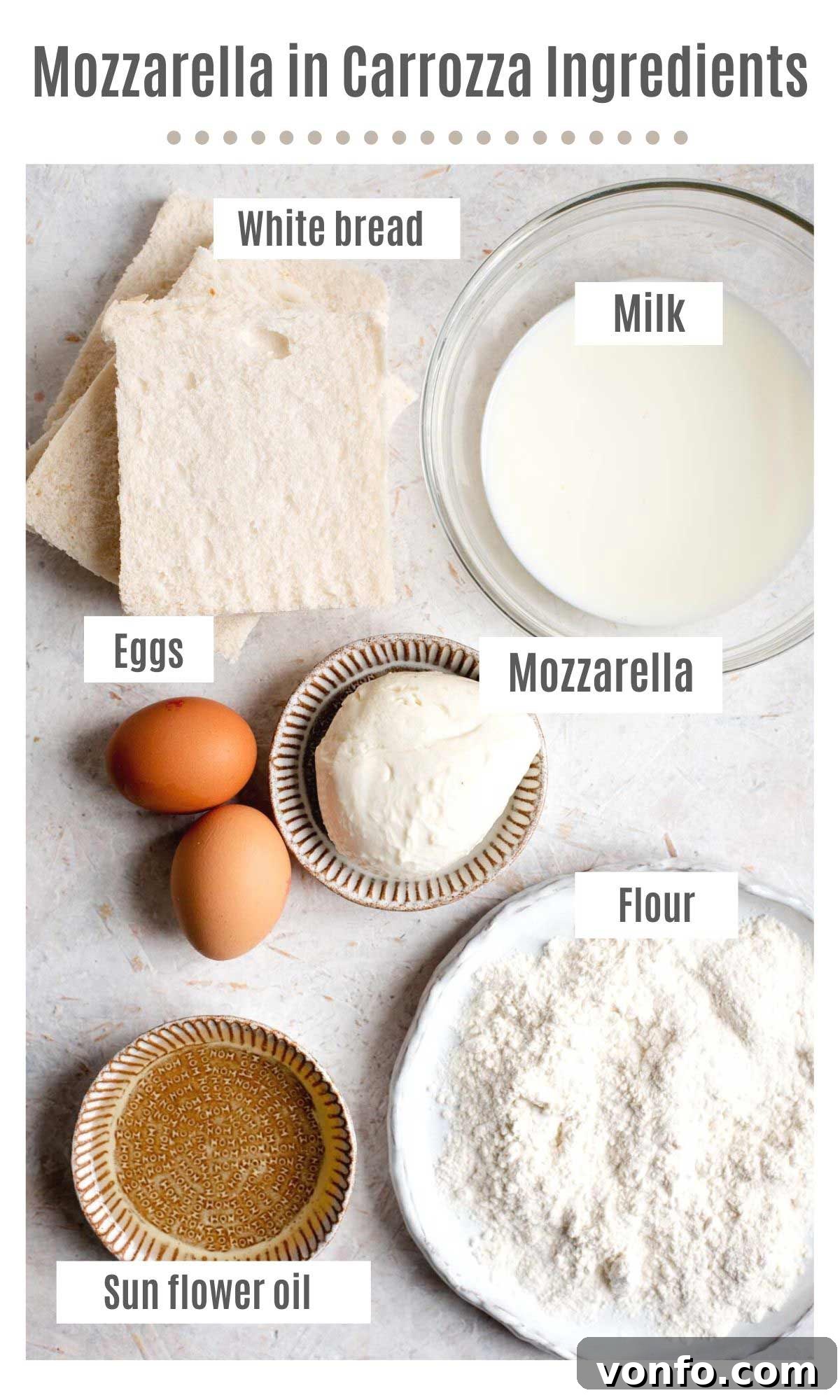 An overhead shot of the ingredients you need to make mozzarella in carrozza, neatly arranged on a rustic surface