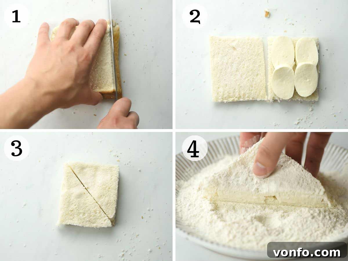 Step by step photos showing how to prepare fried mozzarella sandwiches, including crust removal and sandwich assembly