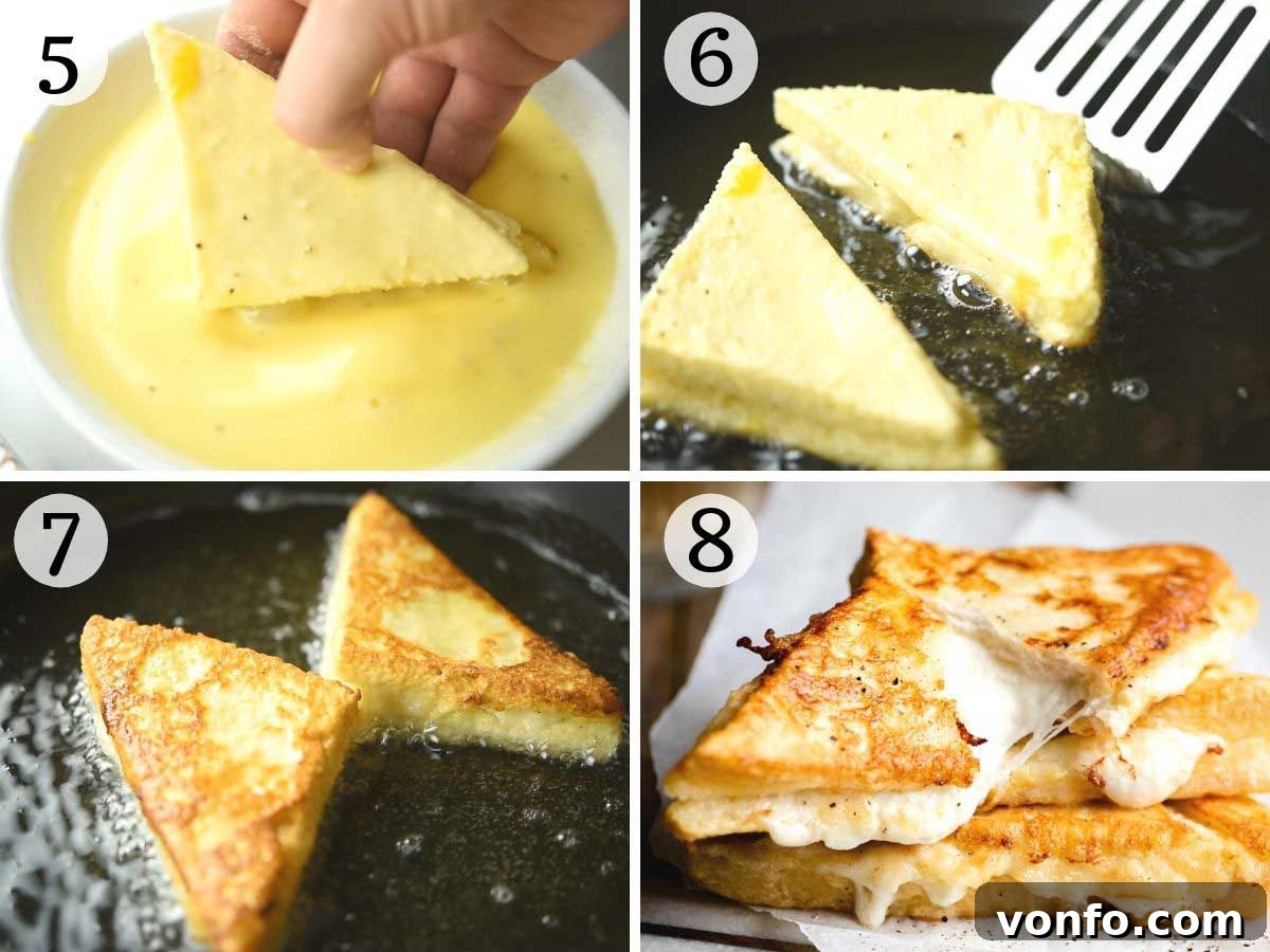 Step by step photos showing how to fry mozzarella in carrozza sandwiches, from flouring to golden finish