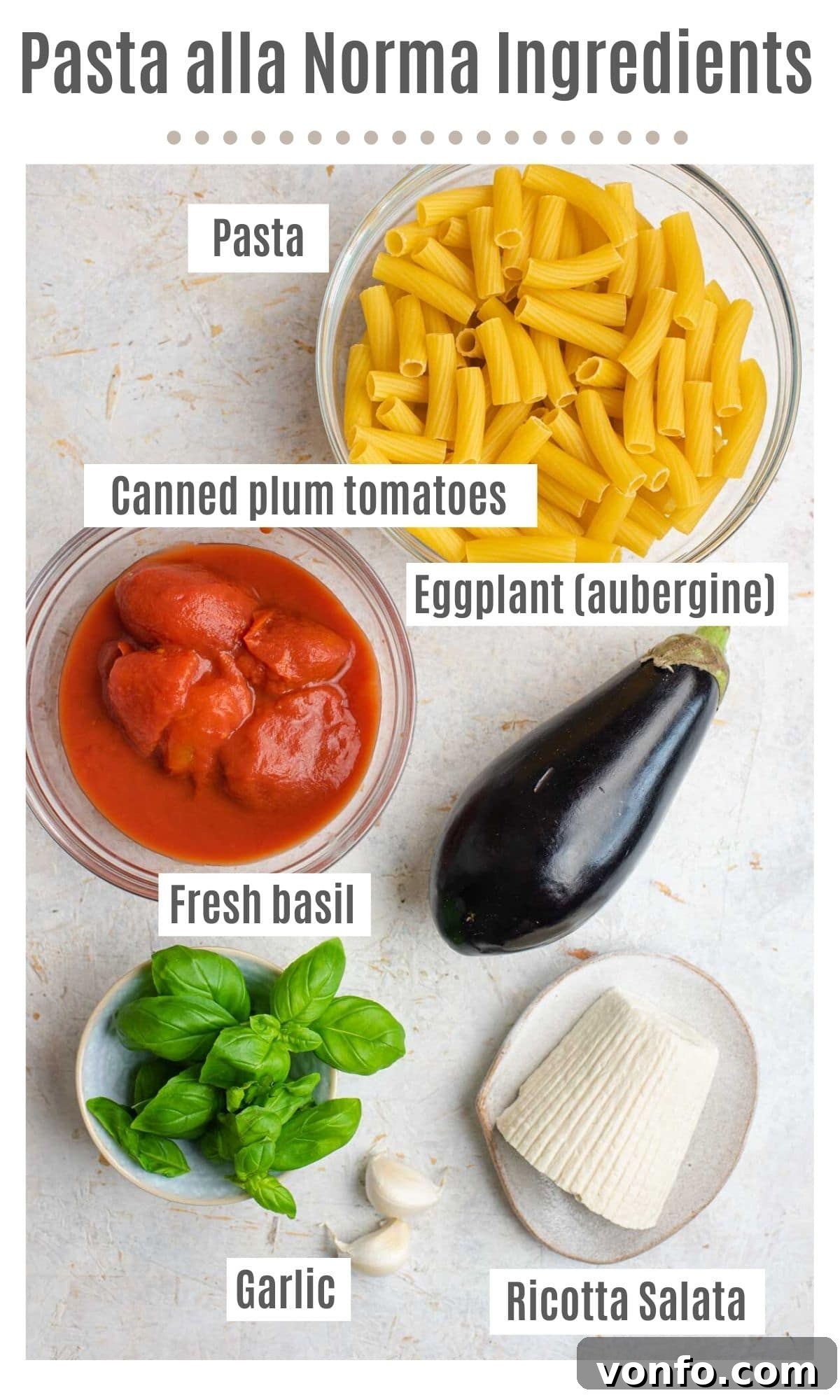 Classic Sicilian Eggplant Pasta 3 An overhead shot of all the ingredients you need to make pasta alla Norma