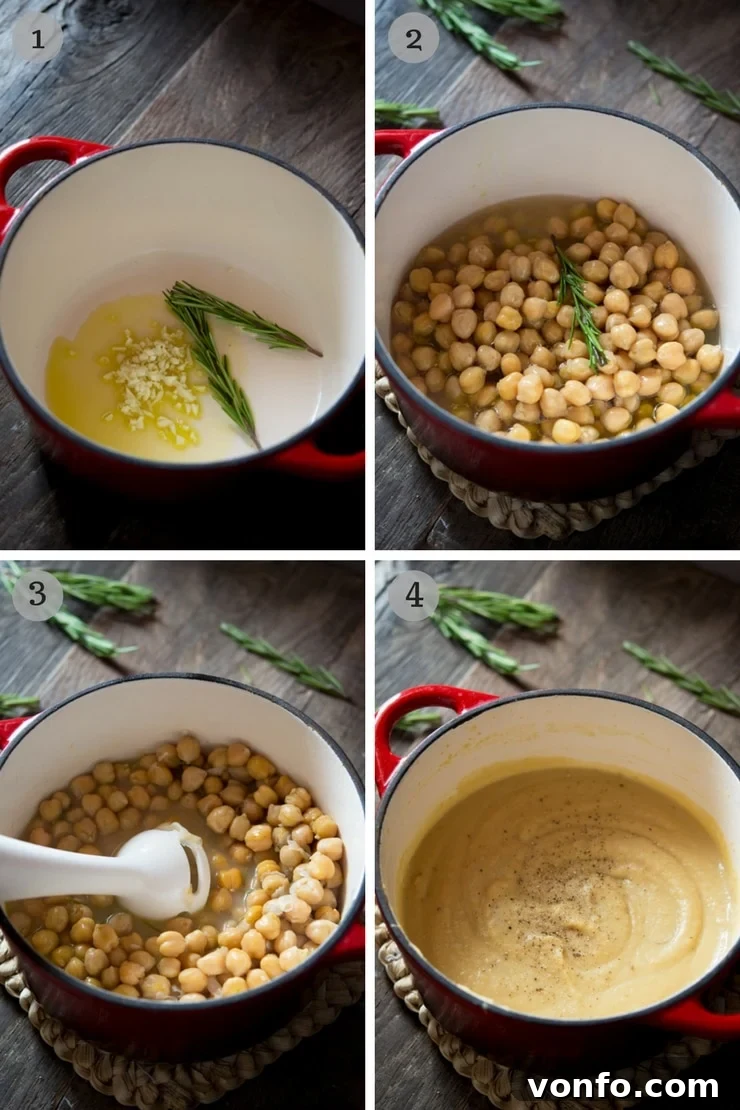 Step-by-step photos on how to make Tuscan chickpea soup, showing the ingredients simmering in a pot.