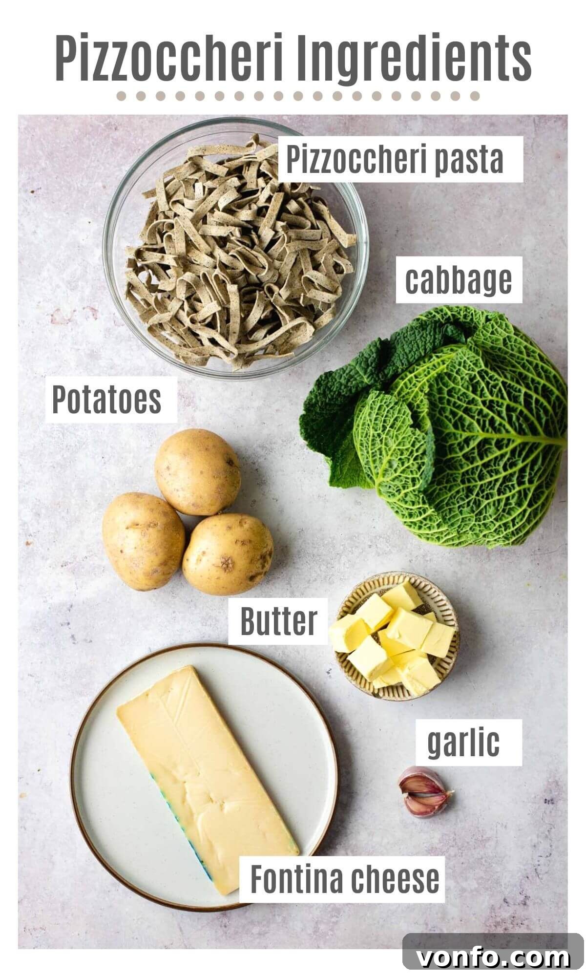 An overhead shot showcasing all the fresh ingredients needed for Pizzoccheri pasta: buckwheat pasta, peeled potatoes, vibrant green Savoy cabbage, Fontina cheese, fresh garlic cloves, and a block of unsalted butter.