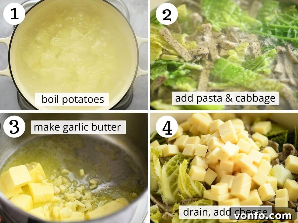 Step by step photos showing potatoes added to boiling water, followed by vibrant green cabbage and rustic buckwheat pizzoccheri pasta cooking together in a large pot, demonstrating the single-pot cooking method.