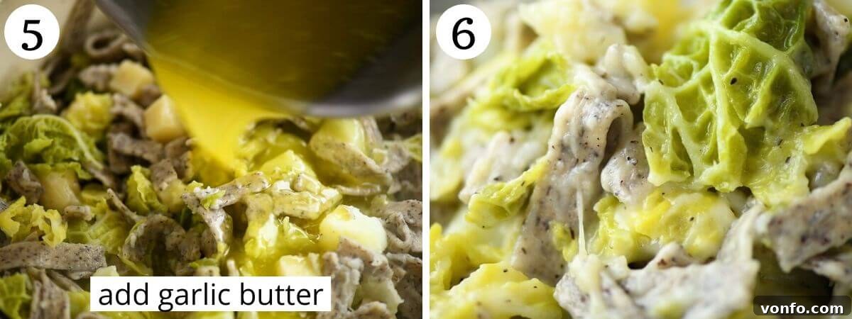 Two sequential photos illustrating the final steps of preparing Pizzoccheri: melted garlic butter being poured generously over drained buckwheat pasta, potatoes, and cabbage, followed by a close-up of the dish being mixed to perfectly incorporate the rich, melted Fontina cheese.