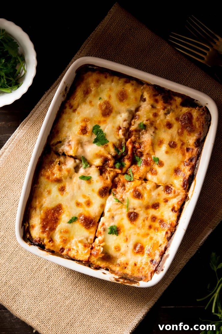 Hearty Lentil Ragu Lasagne in a Baking Dish A slice of hearty lentil ragu lasagne on a plate, showing layers of pasta, rich lentil ragu, and creamy béchamel.