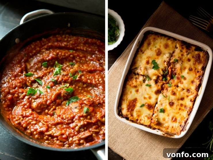 Lentil Ragu in Pan and Baked Lasagne A close-up shot of the rich mushroom and lentil ragu simmering in a pan, and another shot of the finished lasagne, showing its bubbling cheese topping.