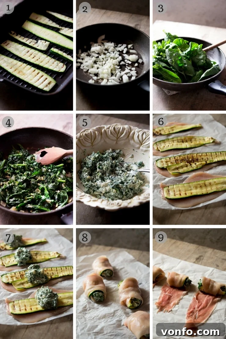 Step by step photos showing the preparation of zucchini, sautéing onions and spinach for the chicken involtini filling.