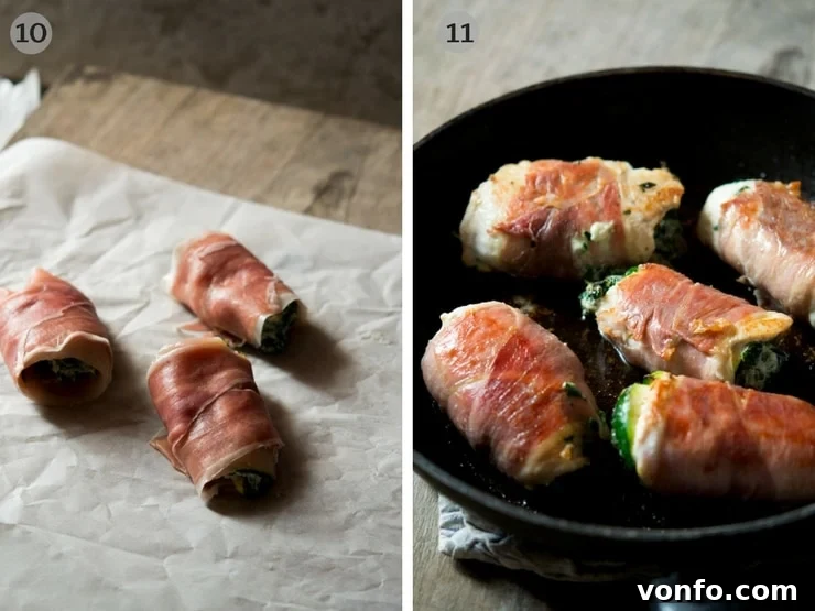 Step by step photos demonstrating how to wrap the chicken involtini with grilled zucchini and spinach-ricotta filling in prosciutto.