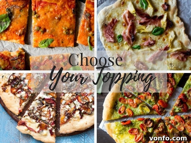 Variety of Pizza Toppings for Homemade Pizza A collage of four small, enticing photos showcasing different pizza toppings: meat, seafood, vegetable, and gourmet options.