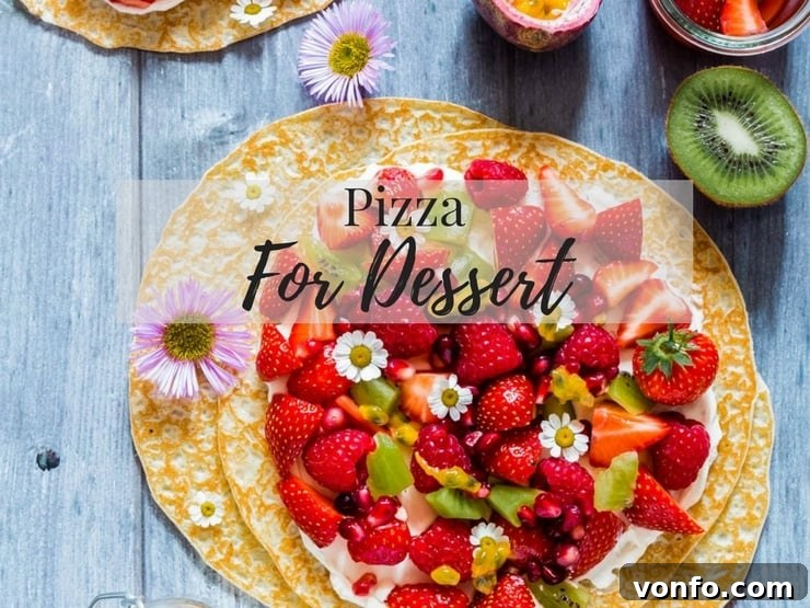 Dessert Pizza - The Ultimate Guide A delectable dessert pizza adorned with fresh fruits and a sweet drizzle, tempting as a delightful post-dinner treat.