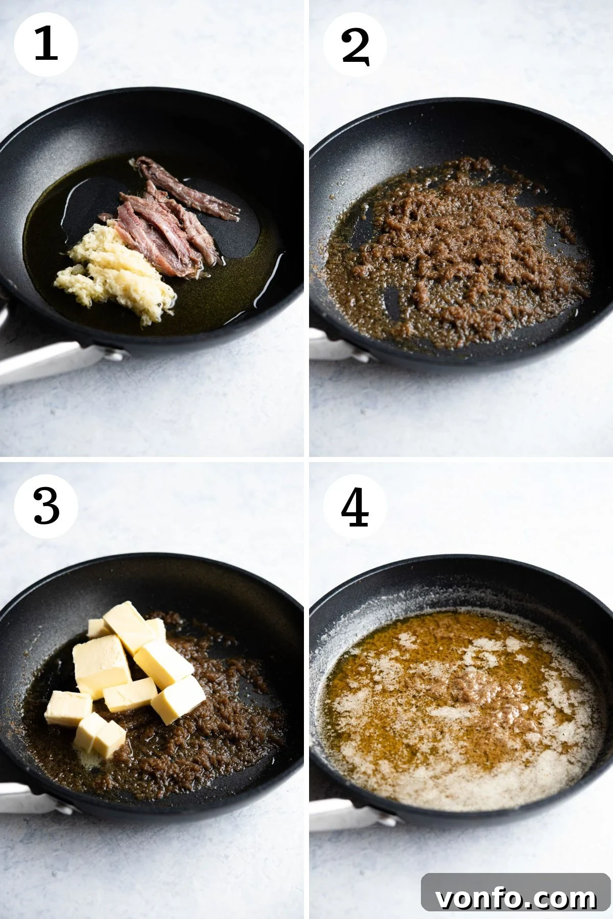 Bagna Cauda: The Ultimate Warm Garlic and Anchovy Butter 4 A four-photo collage illustrating the cooking process of Bagna Cauda: showing anchovy fillets and crushed garlic simmering in olive oil, then butter being added, and finally, the sauce whisked to perfection.