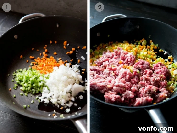 Preparing the Soffritto for Authentic Ragu Step-by-step photos illustrating the meticulous preparation of soffritto for an Italian beef ragu, showing finely chopped carrots, celery, and onions gently sautéing in olive oil until soft and fragrant.