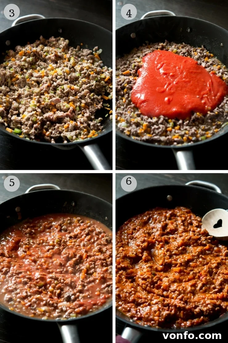 Simmering Your Flavorful Italian Beef Ragu Step-by-step photos depicting the essential simmering process of Italian beef ragu, showing tomato passata and stock added to the browned meat and aromatic soffritto, bubbling gently.