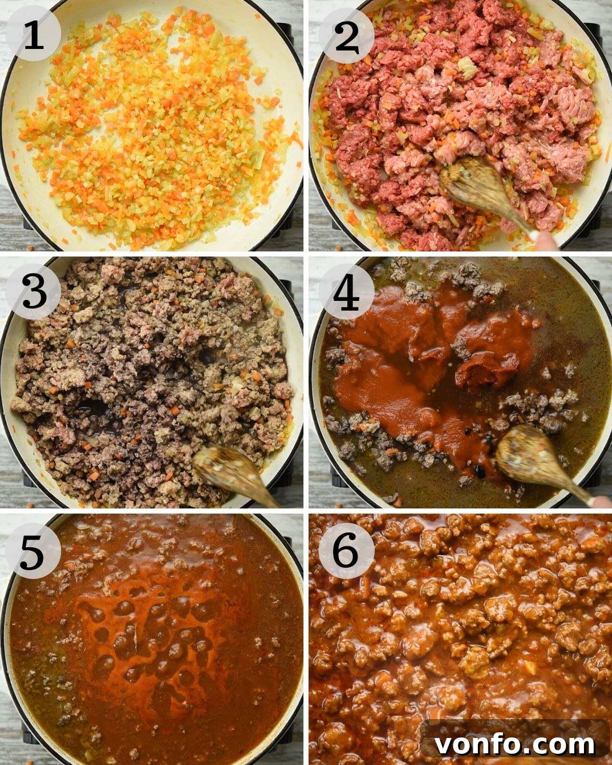 Step-by-step photos illustrating the process of making the beef ragu, from sautéing vegetables to browning meat