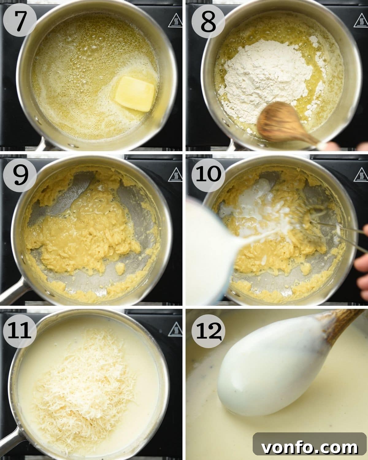 Step-by-step photos illustrating how to make a classic bechamel sauce, from melting butter to whisking in milk