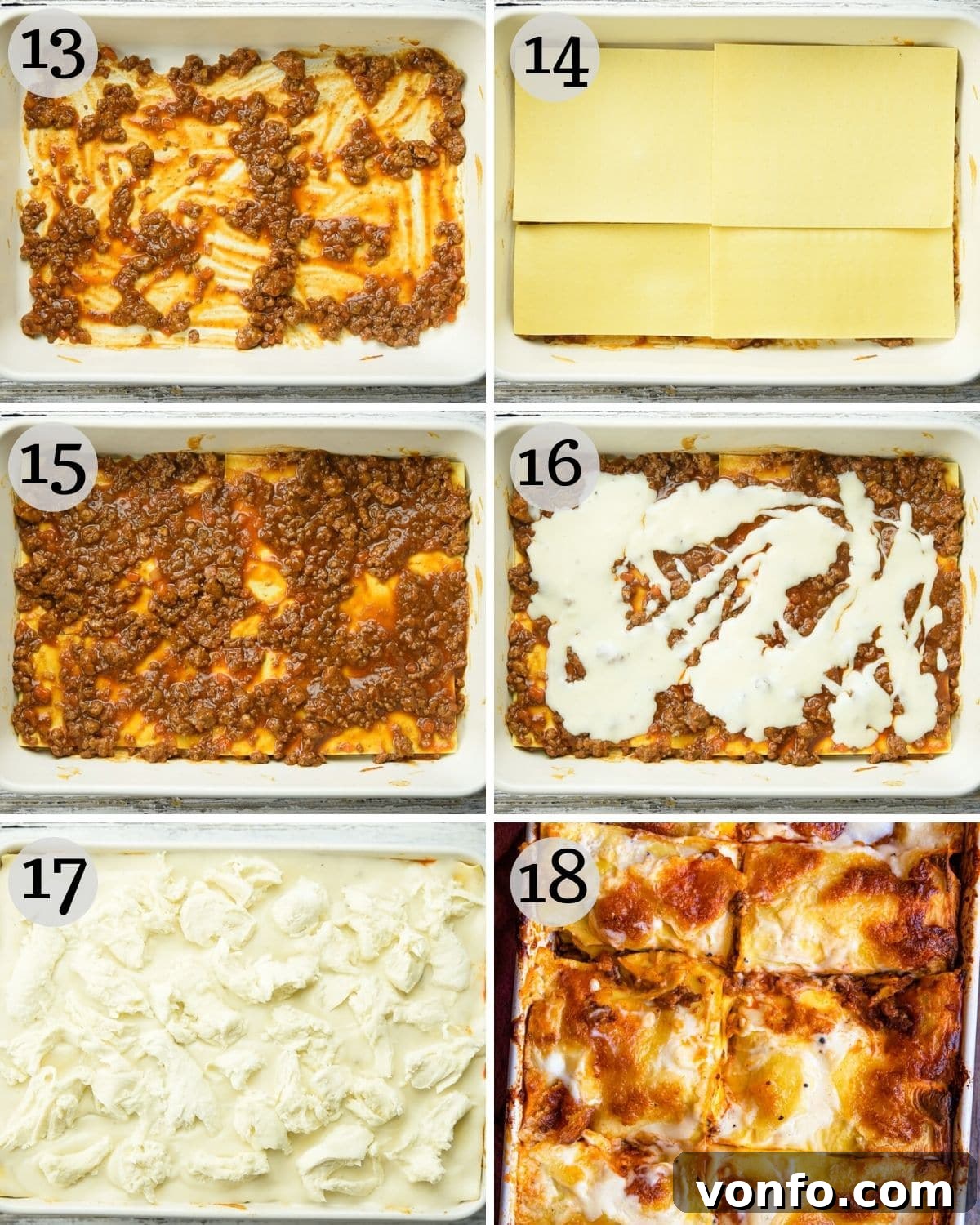 Step-by-step photos demonstrating the assembly of a beef lasagne, showing layers of pasta, ragu, and bechamel