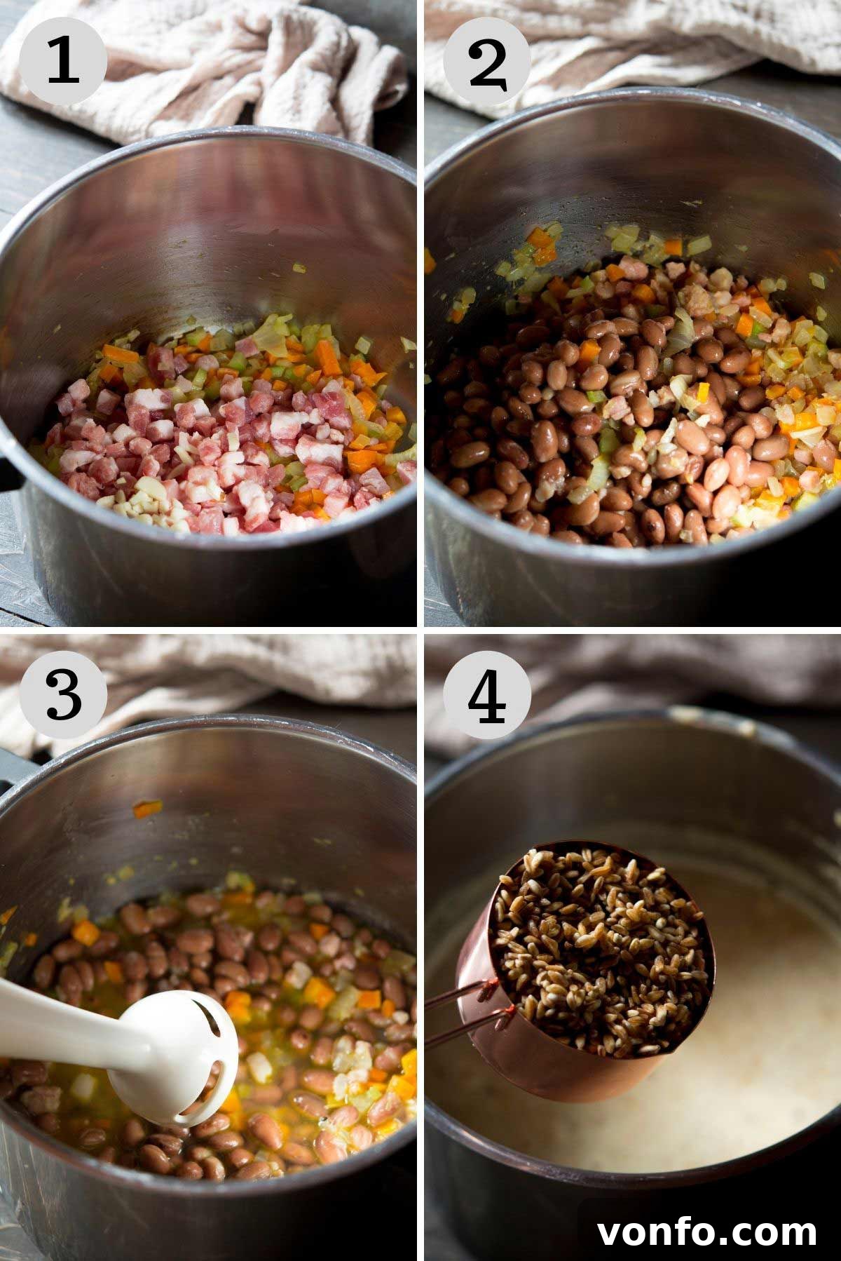 Hearty Tuscan Farro and Bean Soup 4 A collage of step-by-step photos illustrating the cooking process of Tuscan farro soup, showing vegetables sautéing, beans added, and the soup being blended for a smooth base.