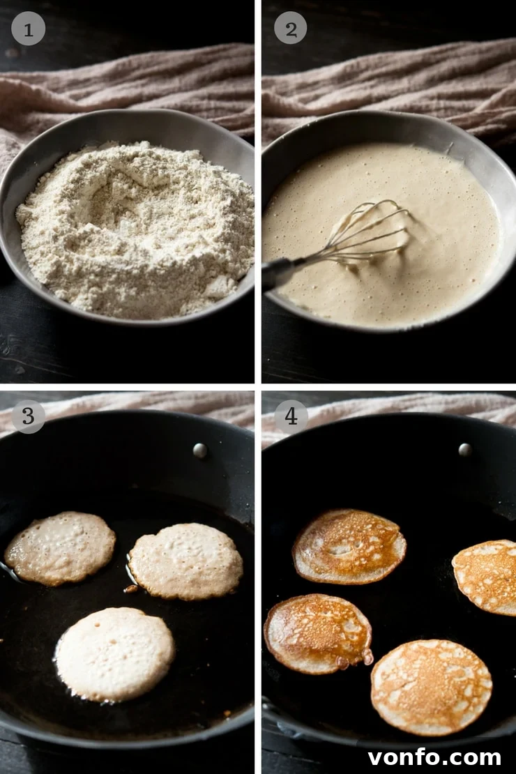 Step-by-Step Photos for Making Chestnut Fritters A series of step-by-step photos illustrating the process of making chestnut fritters, from mixing the batter to frying them in a pan until golden, providing visual guidance for the recipe.