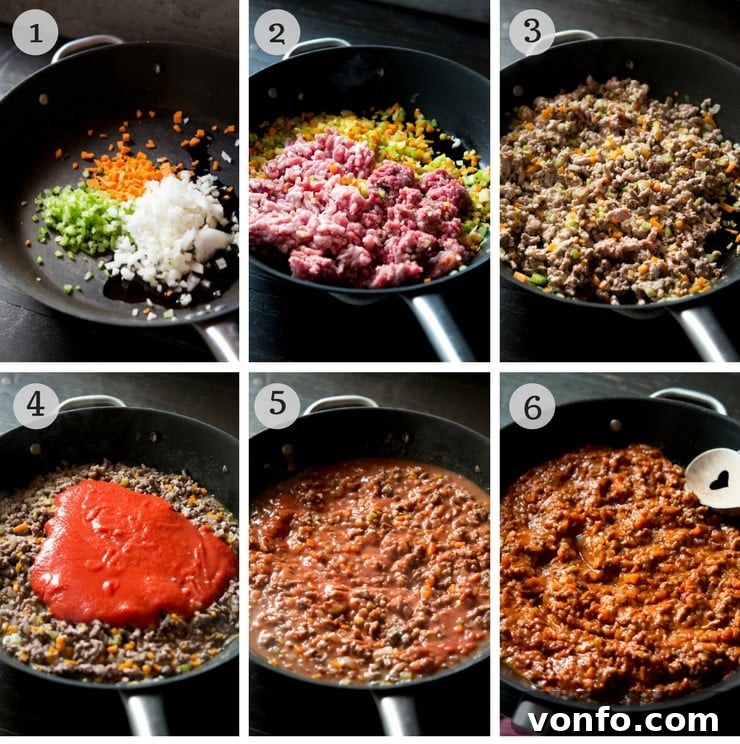 Step-by-step guide to preparing the rich Beef and Sausage Ragu A sequential view of ragu preparation: finely chopped vegetables in a pan, ground beef and sausage browning, and the ragu simmering with tomatoes and wine.