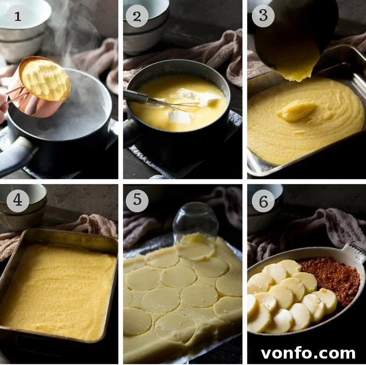 Preparing the creamy polenta for its baked transformation A visual guide to preparing polenta: showing polenta cooking in a pot, butter and parmesan being stirred in, and the cooked polenta spread onto a baking sheet to cool and set.