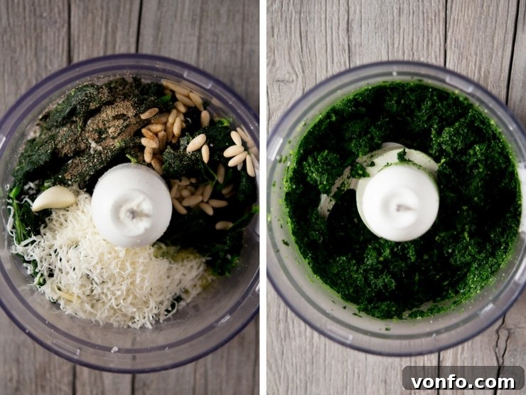 Pesto Ingredients Prepped for Blending Step-by-step photos illustrating the pesto preparation: blanched cavolo nero, golden pine nuts, a garlic clove, and grated Parmesan cheese inside a food processor bowl