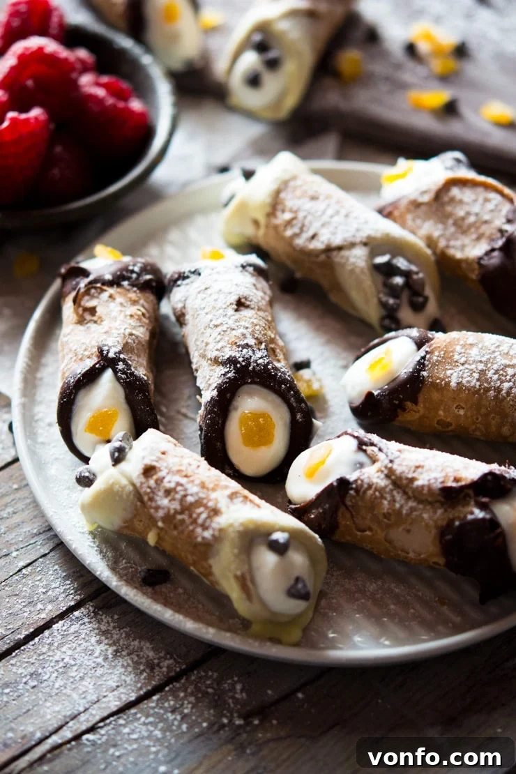 A close up of mini cannoli with chocolate chips on a plate A close up of mini cannoli with chocolate chips on a plate, showcasing their delightful texture and toppings.
