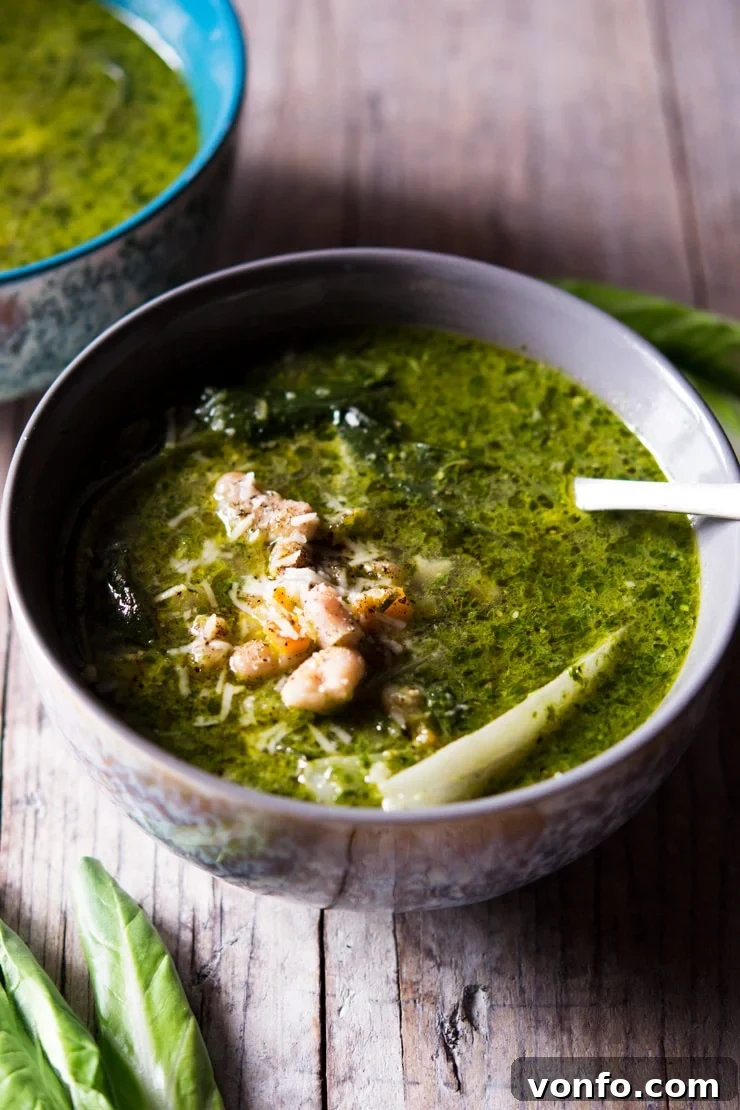 Vibrant Green Soup with Cannellini Beans and Greens A bowl of vibrant green soup topped with beans and fresh green vegetables