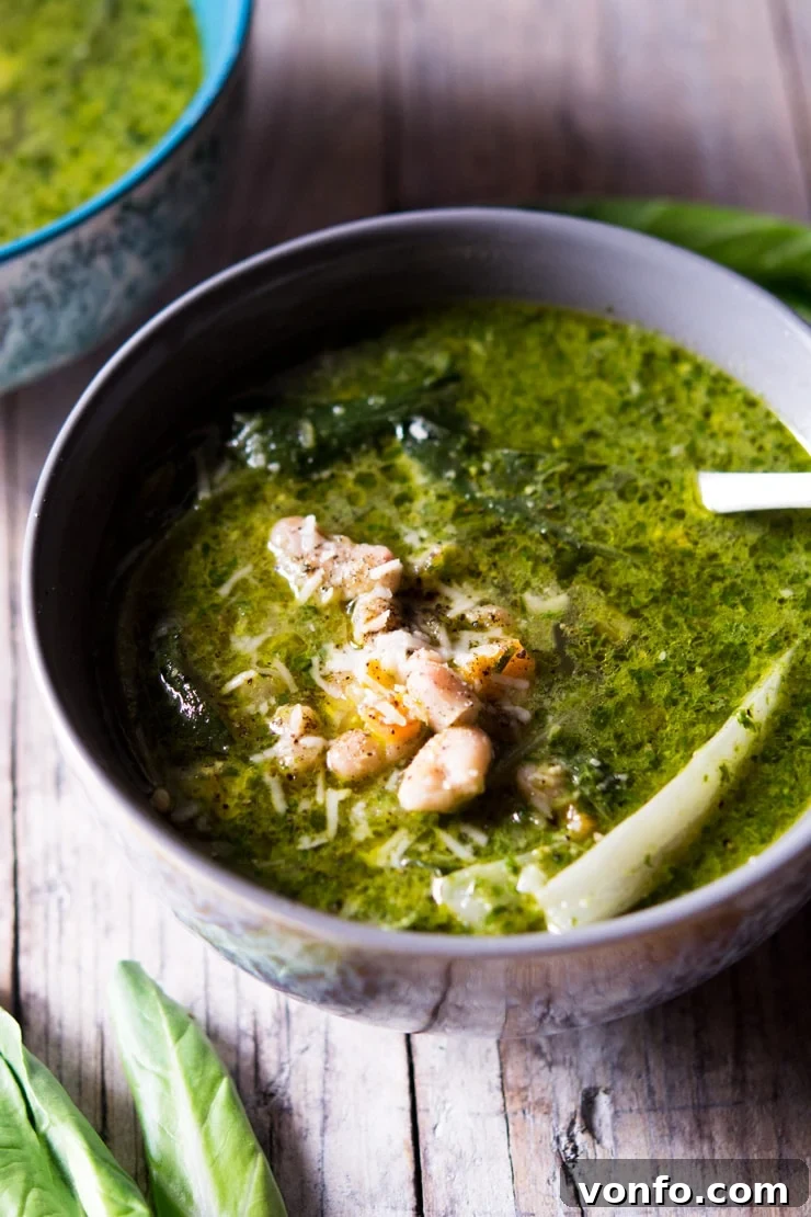 Close-up of Green Soup with Pesto A close-up view of vibrant green soup with pesto and cannellini beans