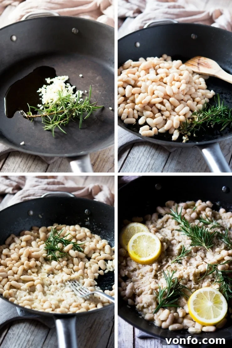 Adding Beans to Sautéed Garlic and Rosemary Step by step photos of making cannellini bean mash with rosemary and lemon, showing beans being added to the pan